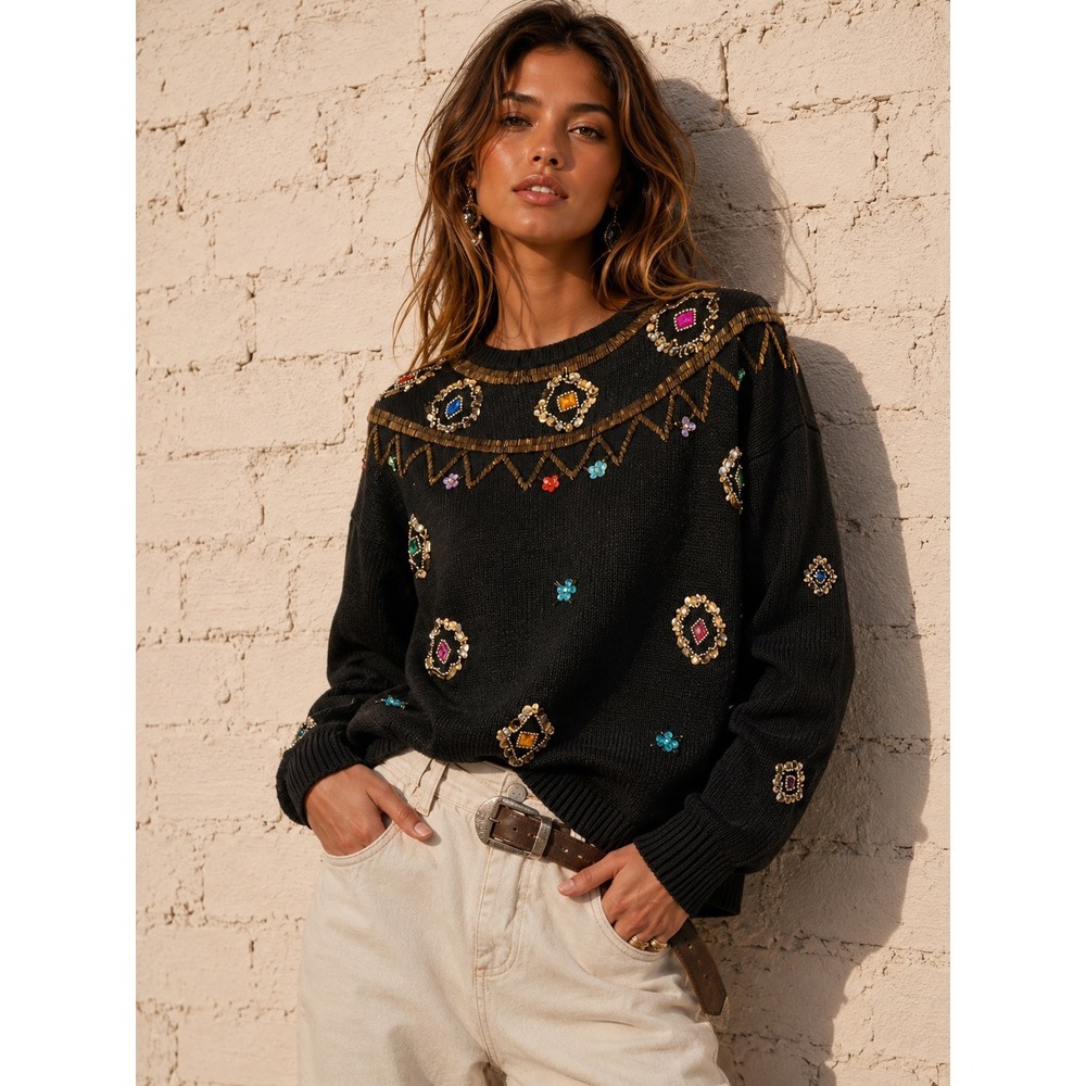 Vintage Exclusive Imports Black Ramie Cotton Beaded Jewel‎ Glam Sweater Small